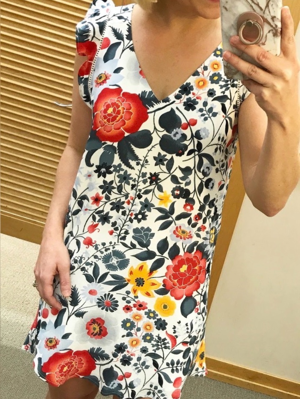 LOFT White Floral V-Neck Dress with Red and Yellow Accents